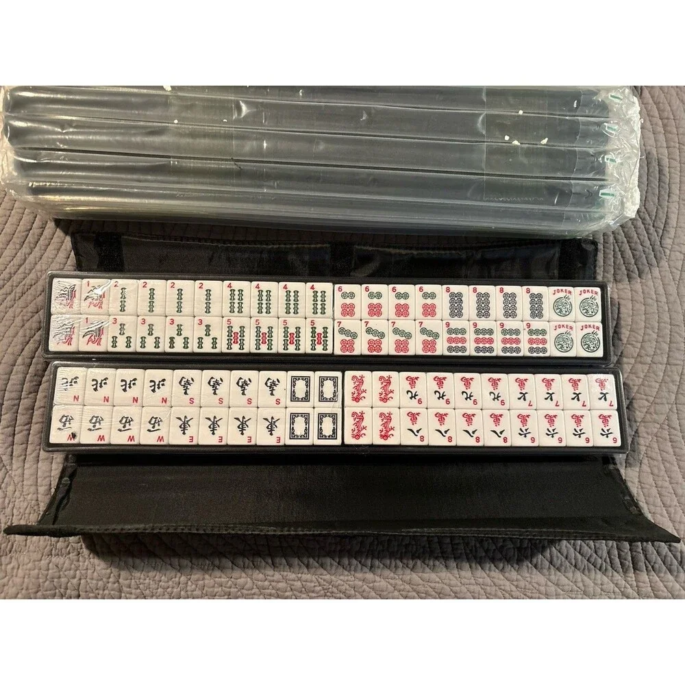 166 Black American Printed Mahjong Game Set with Carrying Bag and Accessories,1.
